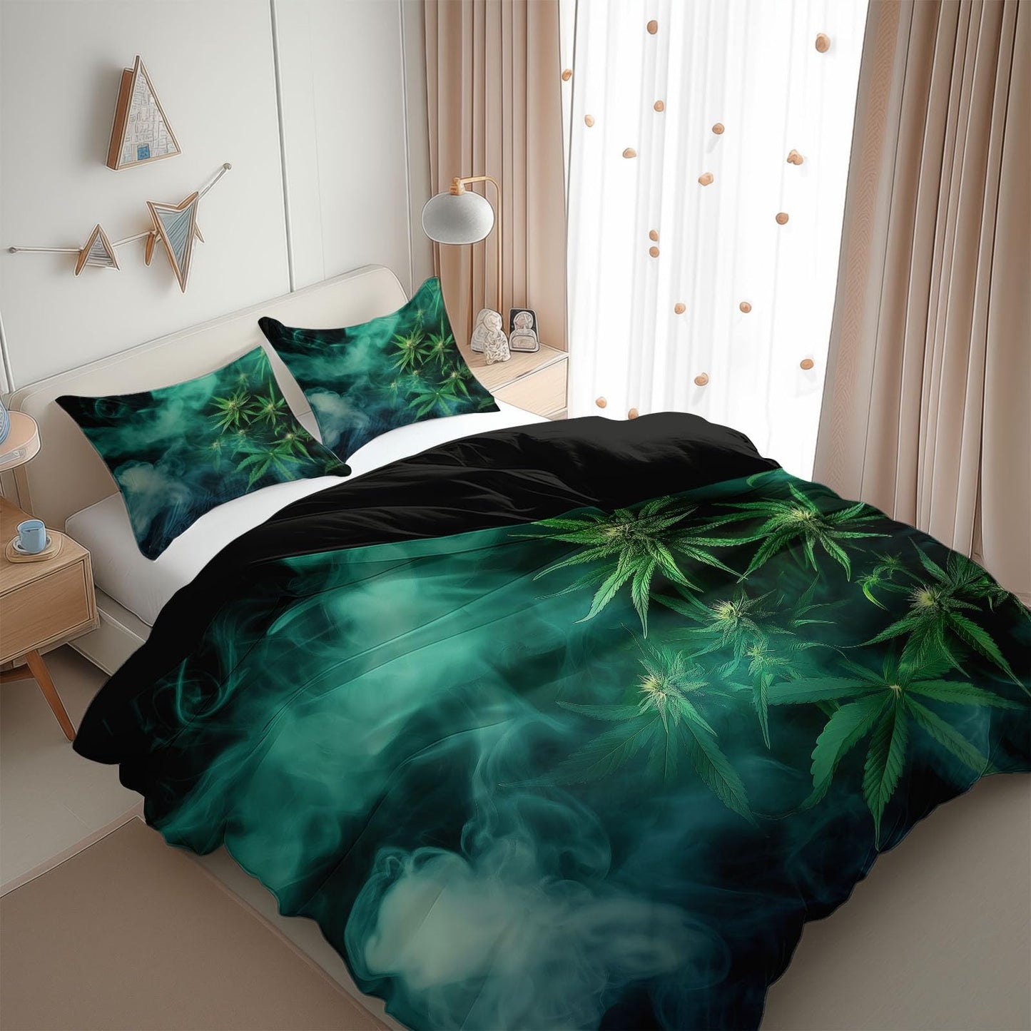 Duvet Cover Twin Size, Reversible King Duvet Cover Set with Pillowcases Zipper Closure, Plant Marijuana Leaf Texture Microfiber Bedding Set with 4 Ties, Black