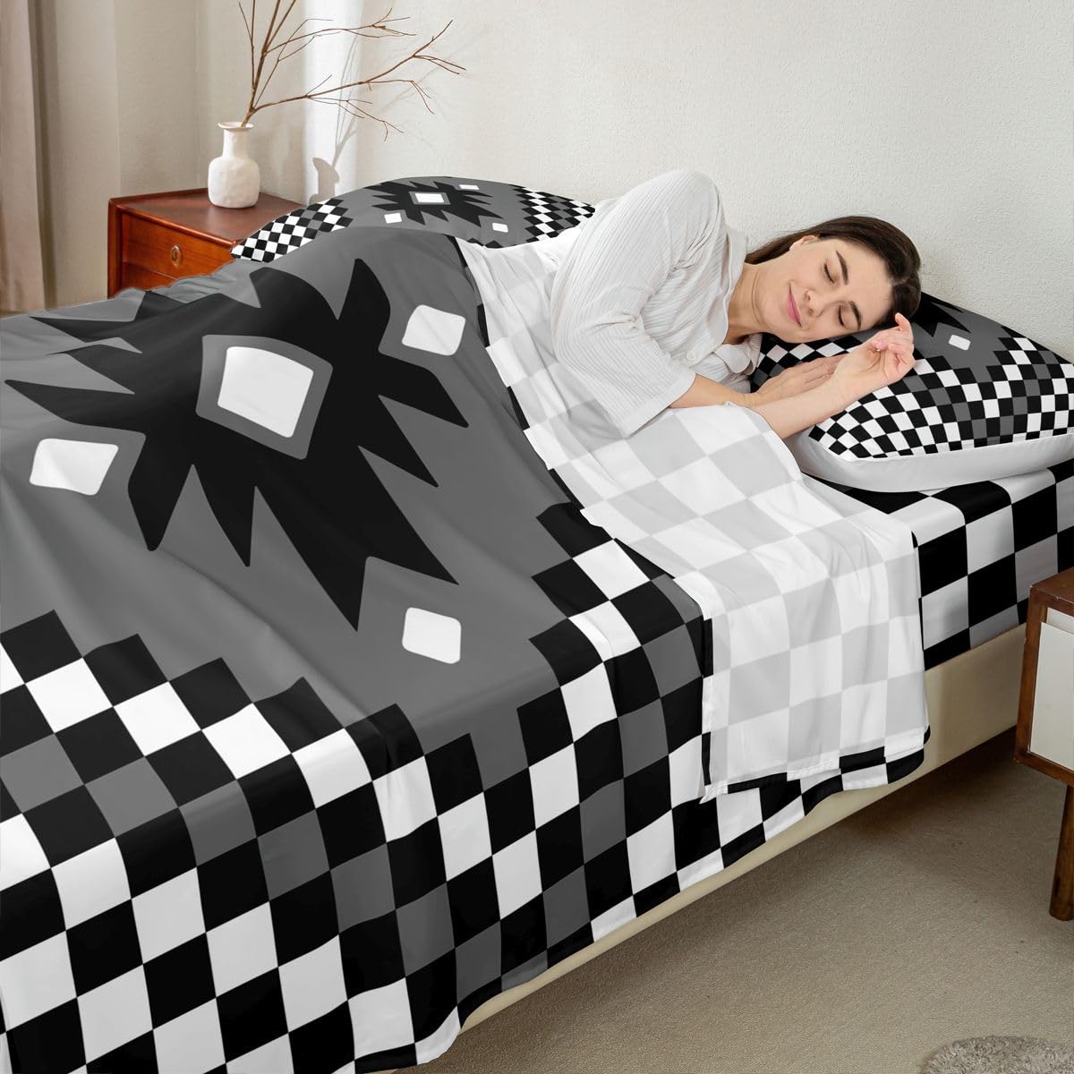 Feelyou Aztec Bed Sheets Sets King Size Kids Boys Girls Black White Checkered Bedding Set Boho Western Decor Bed Sheet Set with 16-Inch Deep Pockets Farmhouse 4Pcs with 2 Pillow Cases