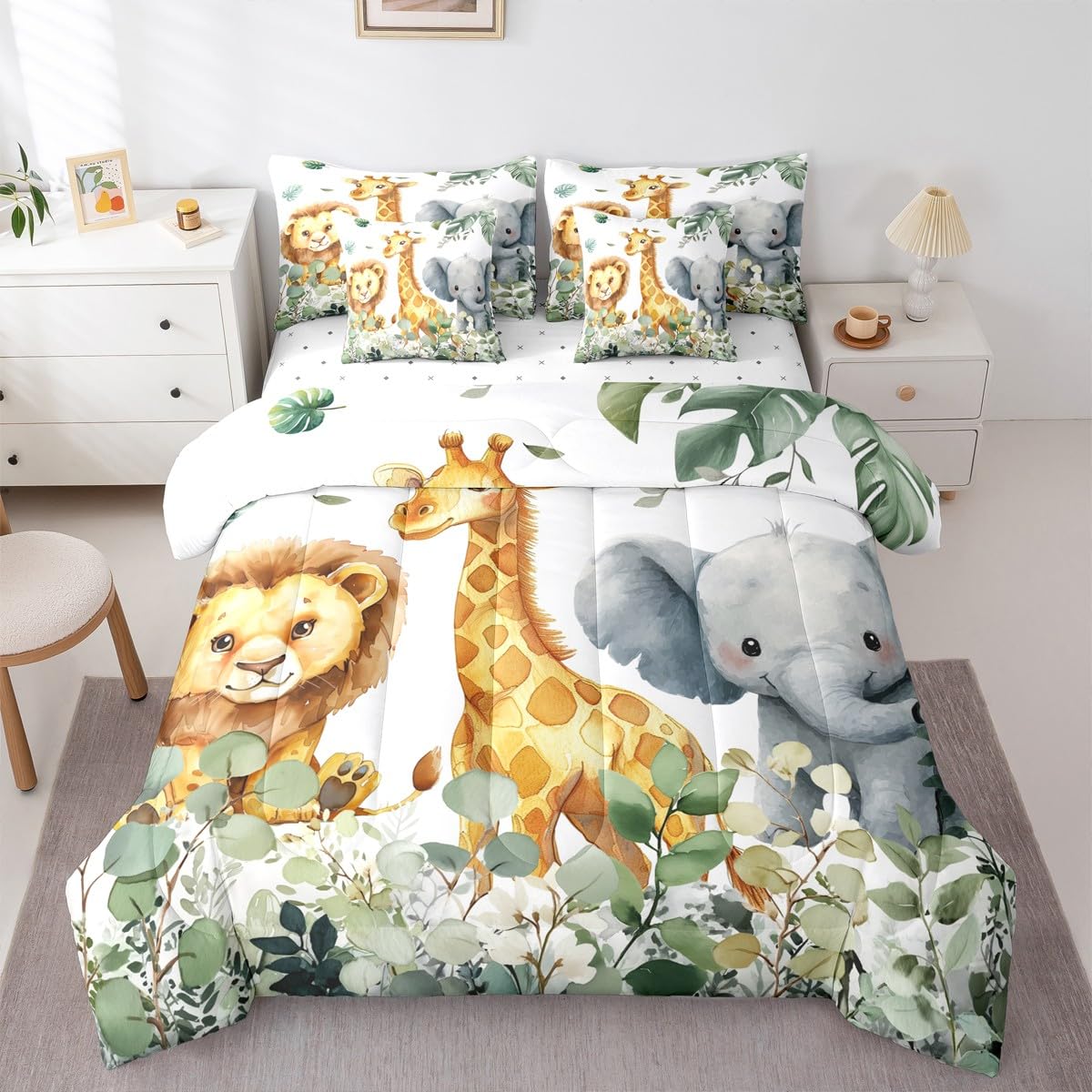 Erosebridal Jungle Animal Twin Size Comforter Set with Sheets - Kawaii Cartoon Zoo Animal 7-Piece Bedding Set Cartoon Lion Elephant Giraffe Bed in a Bag Leaves Botanical Eucalyptus Bed Quilt Sets