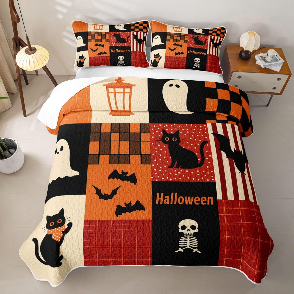 Feelyou Halloween Quilt Set Ghost Bat Cat Quilted Bedspread Lightweight Coverlet Set Queen Brown Grid Patchwork Bedding Set with Pillowcases for All Season Microfiber Bed Decor