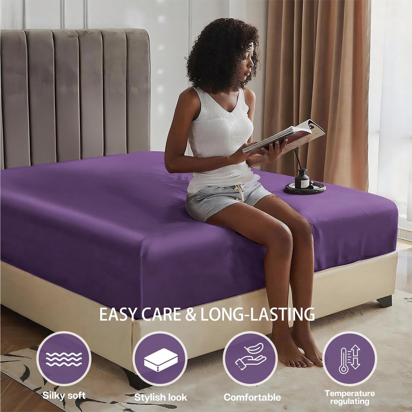 MR&HM Satin Fitted Sheet Queen Size, Silky Bottom Sheet with Elastic Corner Straps, Deep Pocket up to 15 Inch, No More Slipping Off for Mattress - 1 Fitted Sheet Only (Lavender)