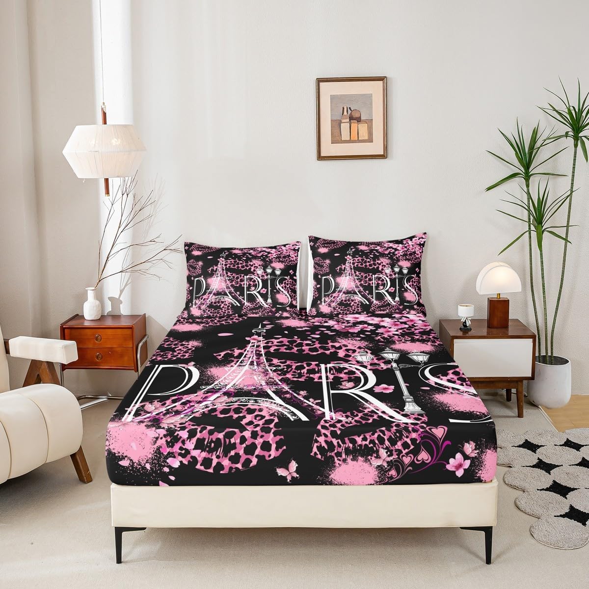 Homewish Eiffel Tower Sheet Set Full,Leopard Lips Bedding Set for Kids Teens Girls,Peach Blossom Pink Paris Romantic Bed Sheet Set 4pcs with Deep Pocket Fitted Sheet + Flat Sheet + 2 Pillowcases