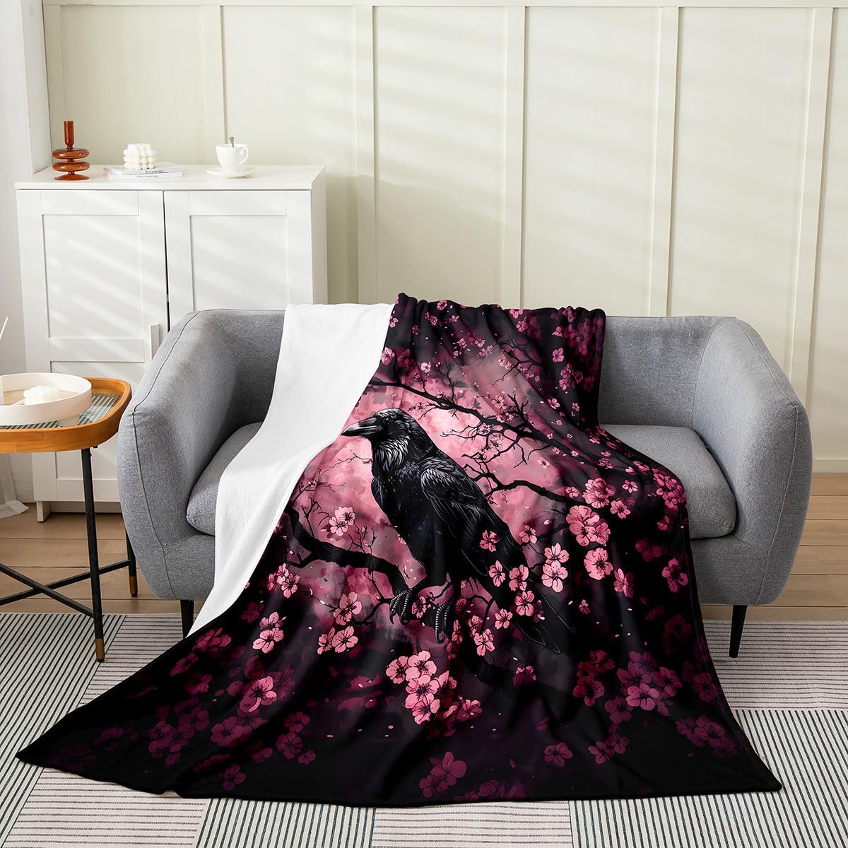 Feelyou Crow Plush Throw Blanket Halloween Themed Flannel Blanket 40"x50" Cherry Blossoms All Season Trick or Treat for Couch Bed Sofa Goth Bedroom Decor