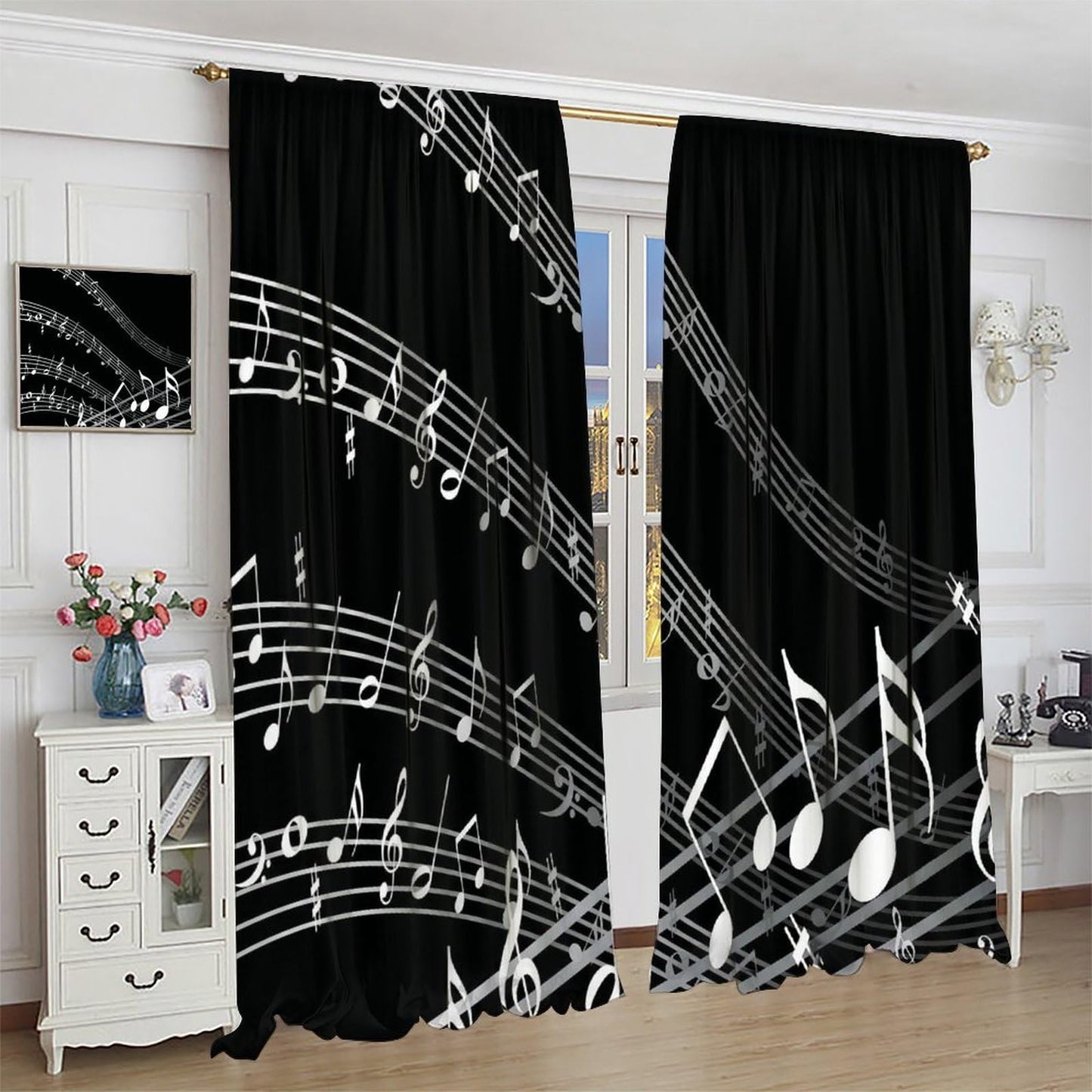 VUMIVI Music Theme Curtains Classic Black White Musical Notes Wavy Sheet Staff Rod Pocket Window Treatments for Bedroom Kitchen Music Classroom Dorms Cafe 42" W X 44.5" L