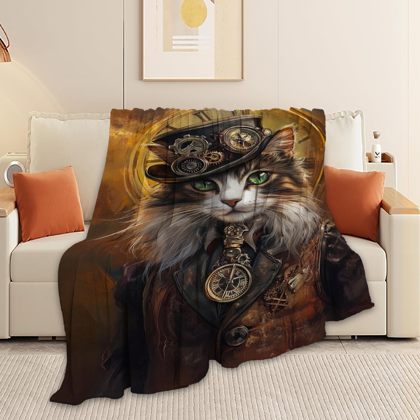 Cat Blanket, Steampunk Throw Blanket, Cats Gifts, Steampunk Blankets, Cats Stuff Fleece Flannel Plush for Women Men Boys Girls Lovers Adults Soft Bedding for Sofa Bed Office Home Decor 40"X50"