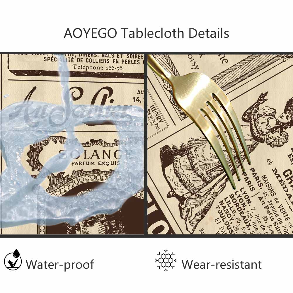 AOYEGO Brown Newspaper Tablecloth Round France Paris Table Cloth Vintage News Women Pattern Advertisement Tablecloths 60 Inch for Dining Room, Party, Banquet