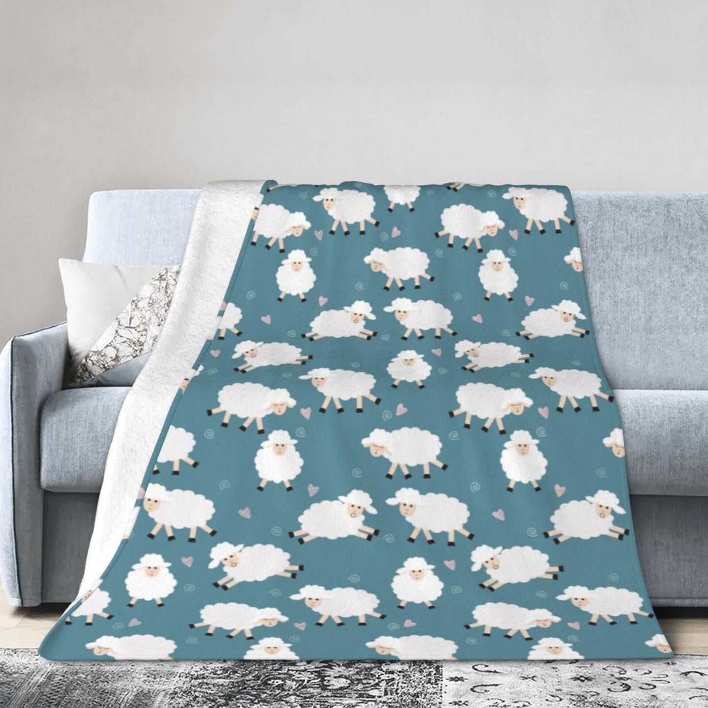 Gbuzozie Cute Sheep Blue Background Fleece Blanket Lightweight Ultra-Soft Throw Blanket for Sofa Couch Bed Camping Travel - Super Soft Cozy Microfiber Blanket 60"X50"