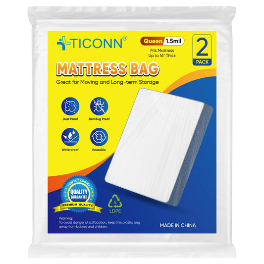 TICONN 2PK Plastic Mattress Bag for Moving Storage, Waterproof Mattress Protector Cover, Heavy-Duty Mattress Moving Supplies (1.5 mil, Queen)