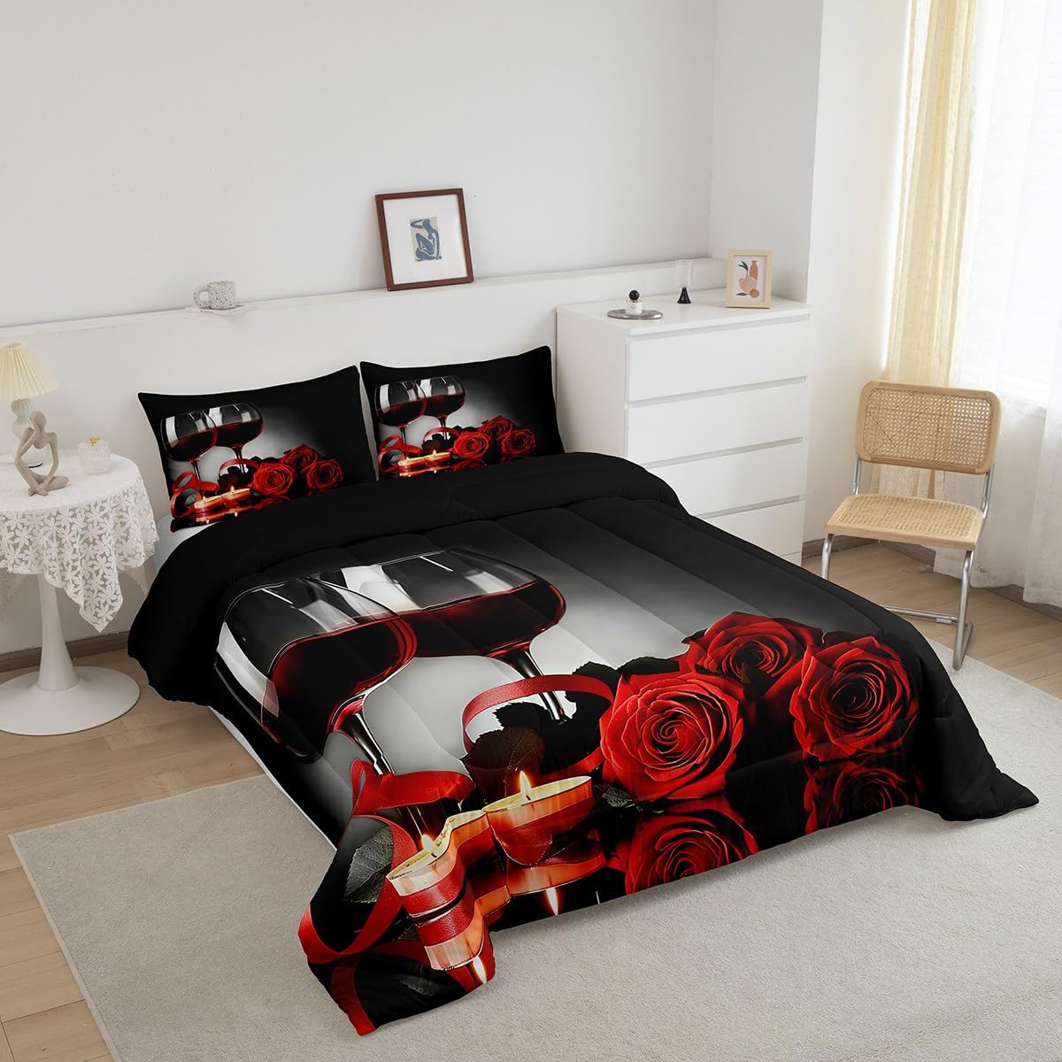Erosebridal Rose Wine Glass Comforter Set for Girls Red Black Rose Bedding Set King Size Floral Blossom Quilt Set Banquet Flower Romantic Valentine's Day Duvet Set, Women Men Adult Grey Comforter Set