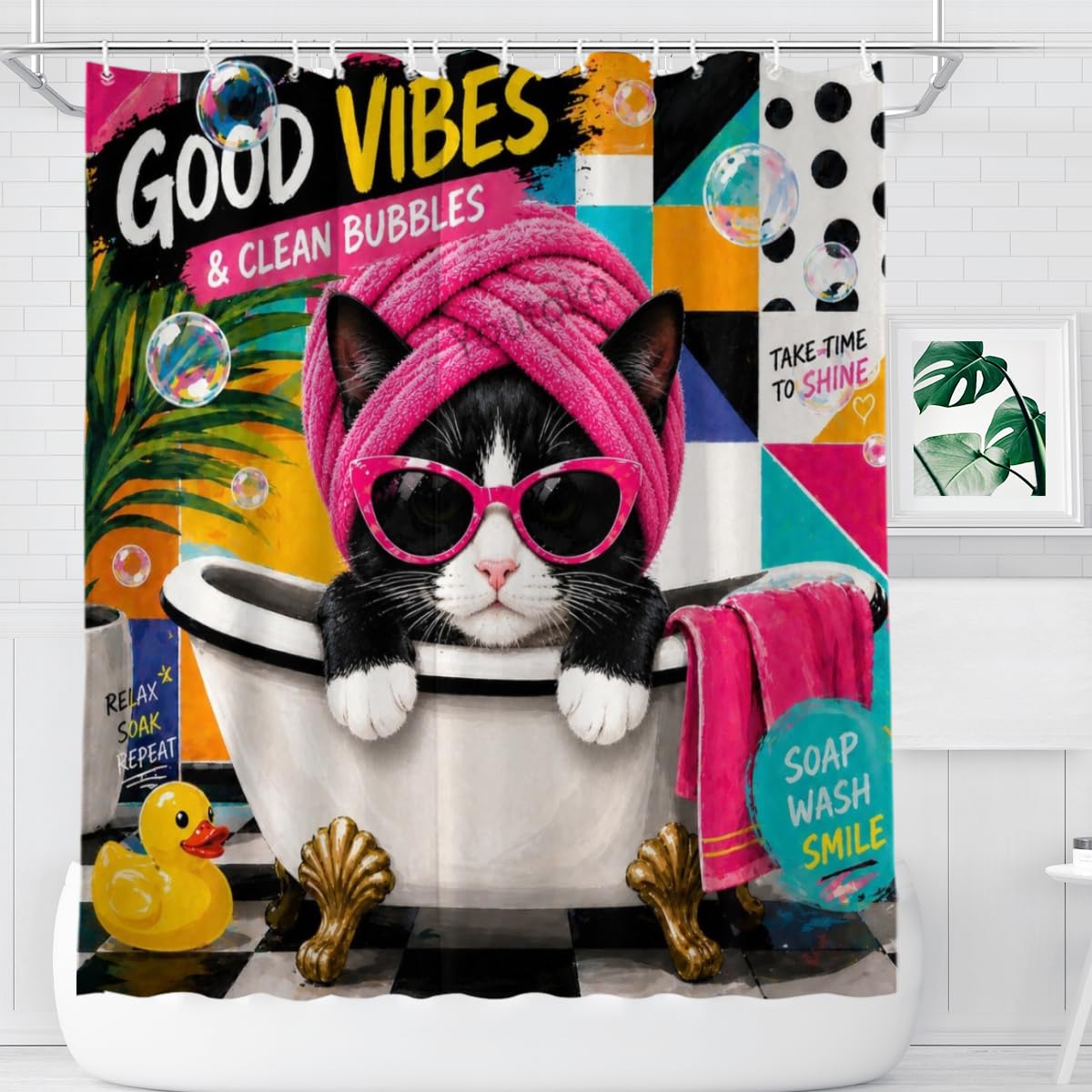Youtoko Funny Tuxedo Cat Shower Curtain with Sunglasses and Towel in Bubble Bath 72x72 12 Hooks Waterproof Washable Polyester Bathroom Decor