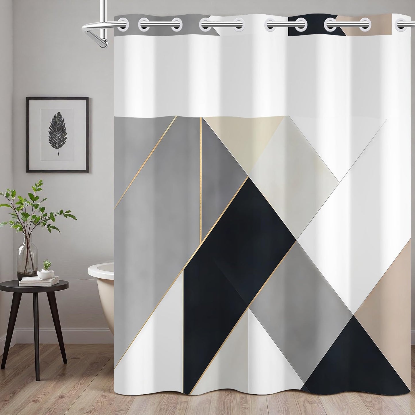 NAEMBCU Modern Geometric No Hook Shower Curtain with Snap-in Liner