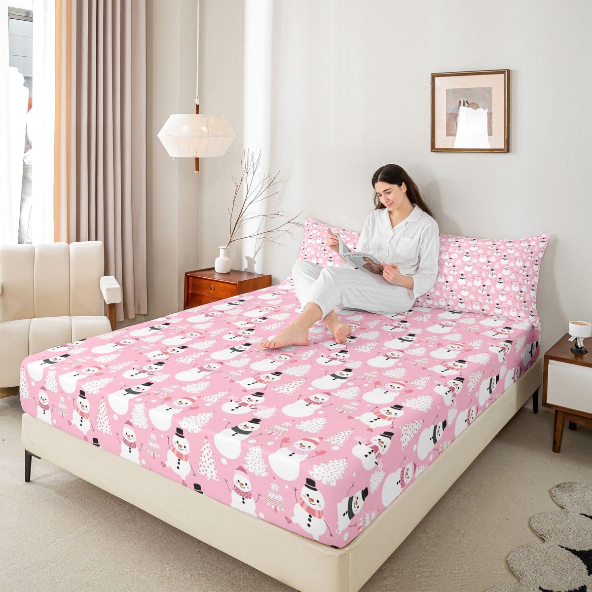 Erosebridal Kawaii Bedding Sets Twin Cute Cartoon Snowman Fitted Sheet for Kids Child Girls Pastel Pink Merry Christmas Tree Bed Sheets Snowflake Bedding Decor Set Xmas Decorations