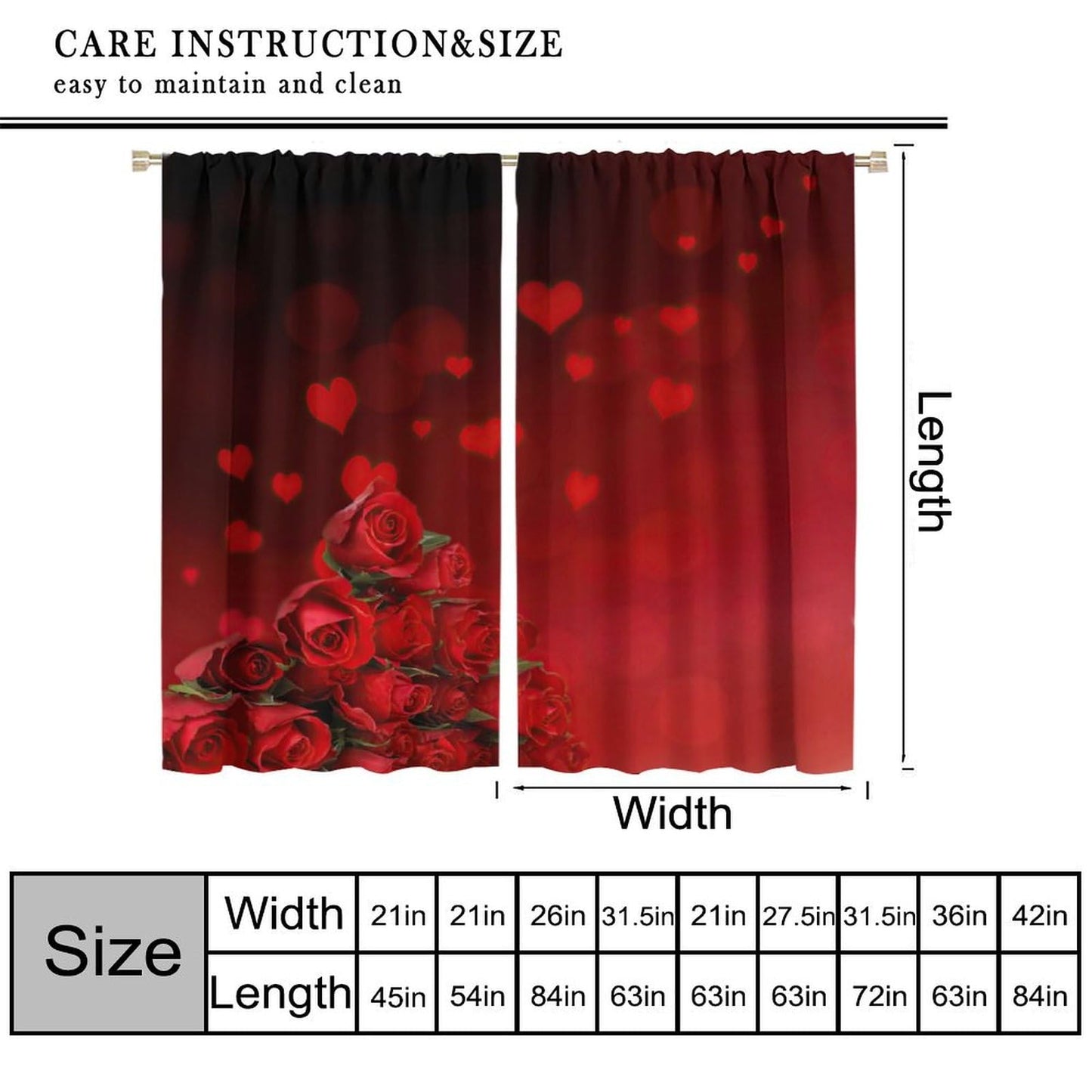 GoDazzling Red Rose Flowers Valentine’s Day Curtains, Romantic Love Pattern Curtains, for Bedroom Living Room Valentine Day Window Drapes 41" W X 45" L (No Blackout)