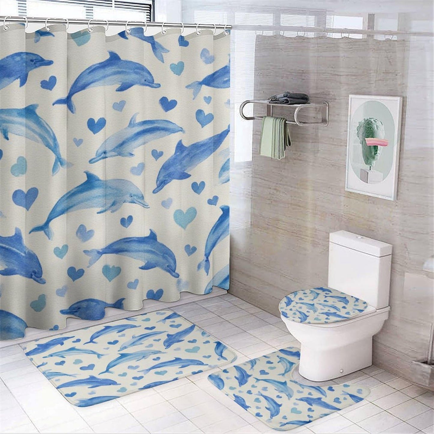 INSFBRB Funny Watercolor Dolphin Shower Curtain Sets with Rug,Toilet Lid Cover and Bath Mat,Modern Cute Ocean Wildlife Dolphin Love Heart Pattern 4 Piece Bathroom Set