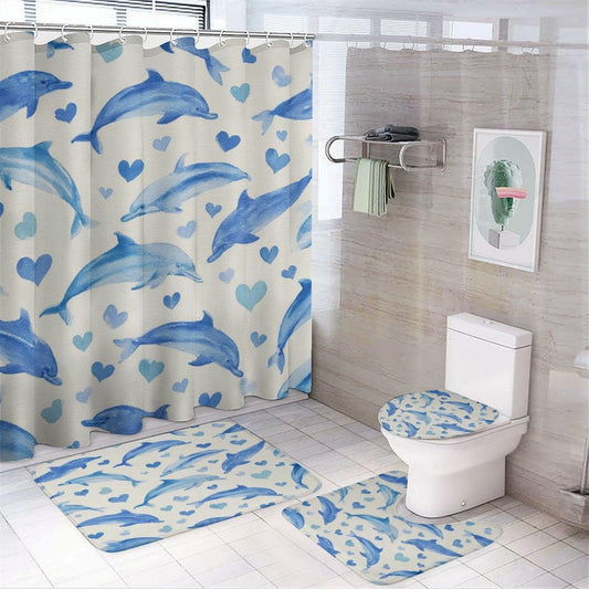 INSFBRB Funny Watercolor Dolphin Shower Curtain Sets with Rug,Toilet Lid Cover and Bath Mat,Modern Cute Ocean Wildlife Dolphin Love Heart Pattern 4 Piece Bathroom Set