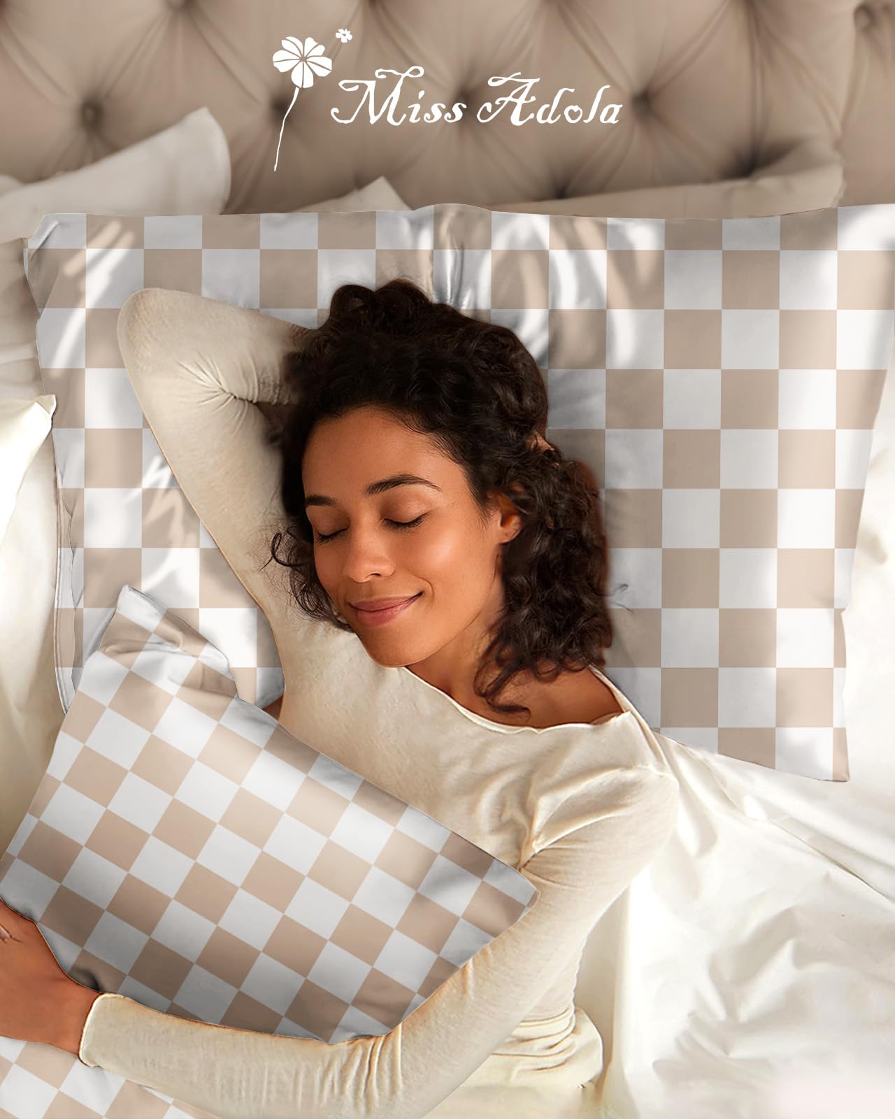 Miss Adola Silk Pillowcase 2 Pack - Pillow Cases 20" x 30" Queen Size Set of 2 for Hair and Skin Smooth Soft Breathable with Hidden Cute Zipper Cooling Pillow Covers for Sleeping, Checkered