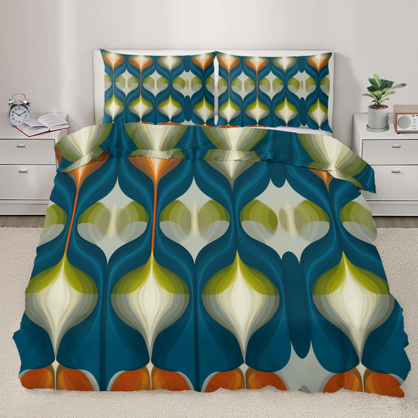 ZAOMIR Mid Century Modern Duvet Cover Twin Size, Groovy Abstract Retro Bedding Set 3 Piece, Blue Green Geometric Patterned Comforter Cover with Zipper Soft Microfiber, 2 Pillowcases