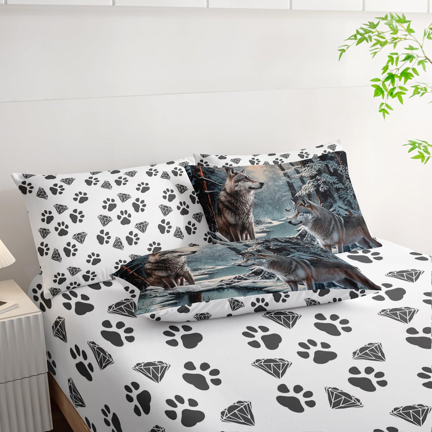 AILONEN Snow Wolf Comforter Set Full Size,7-Piece Soft Bed in a Bag,Snowfield Forest Animals Printed Comforter & Fitted Sheet & Flat Sheet & 2 Pillowcases,2 Pillow Shams for Kids Boys Adults