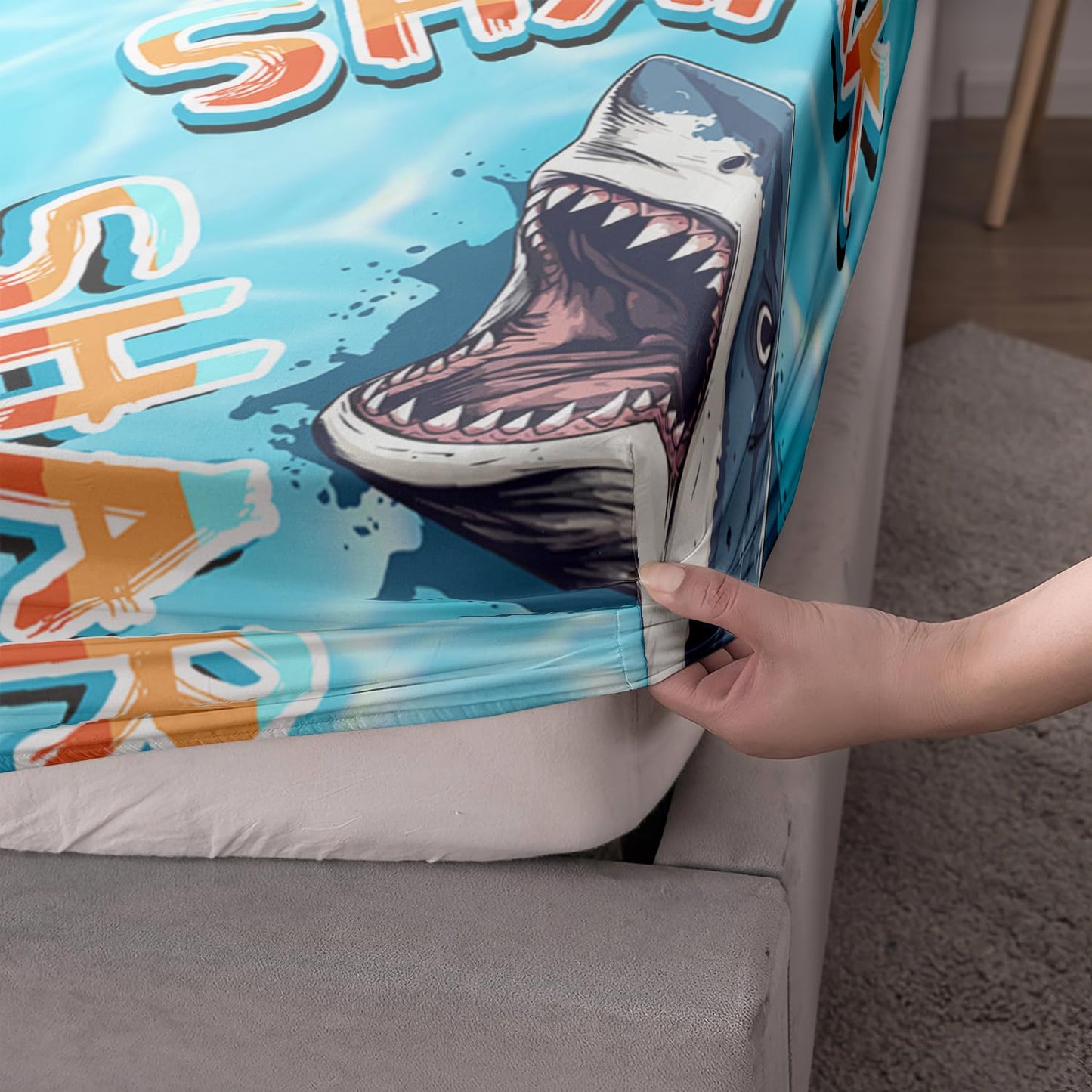HOSIMA Shark Fitted Sheet Set Full Size,3D Shark Pattern Ocean Theme Bedding Set Full for Kids Boys,Sea Animal Collection Deep Pocket for Ocean Bedroom Decor,1 Fitted Sheet+2 Pillowcases.