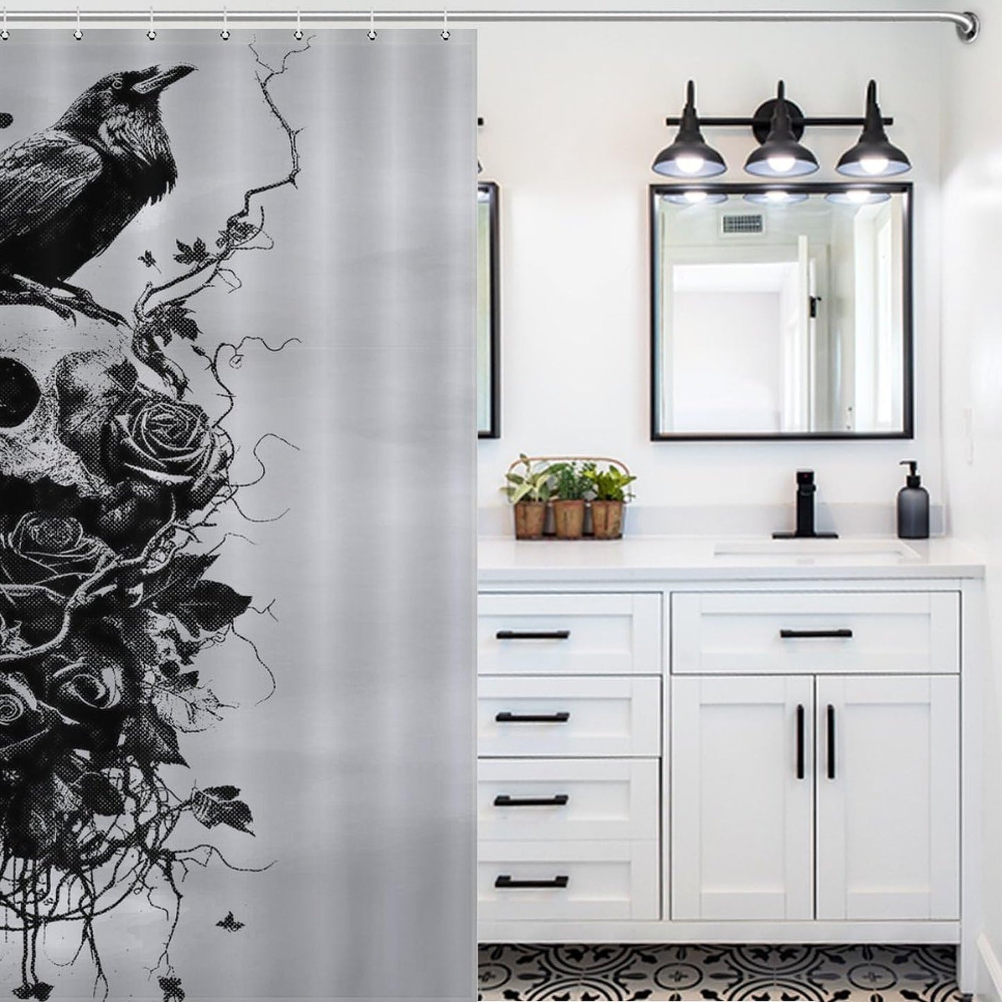 Drapeloft Skull Shower Curtain, Gothic Crow Rose Botanical Floral Mysterious Aesthetics Art Print Waterproof Fabric Bathroom Curtain with Hooks, 72"x72" Inch