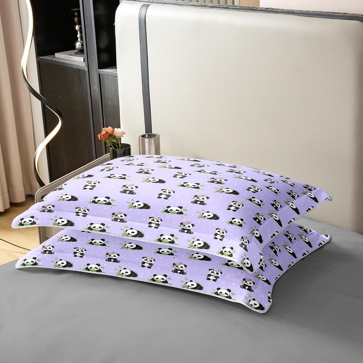 Manfei Kawaii Panda 100% Cotton Duvet Cover Set Twin Size, Cute Panda Print Bedding Set 2pcs, Cartoon Animals Purple Quilt Cover, Kids Girls Teens Room Decor, 1 Pillowcase,No Comforter