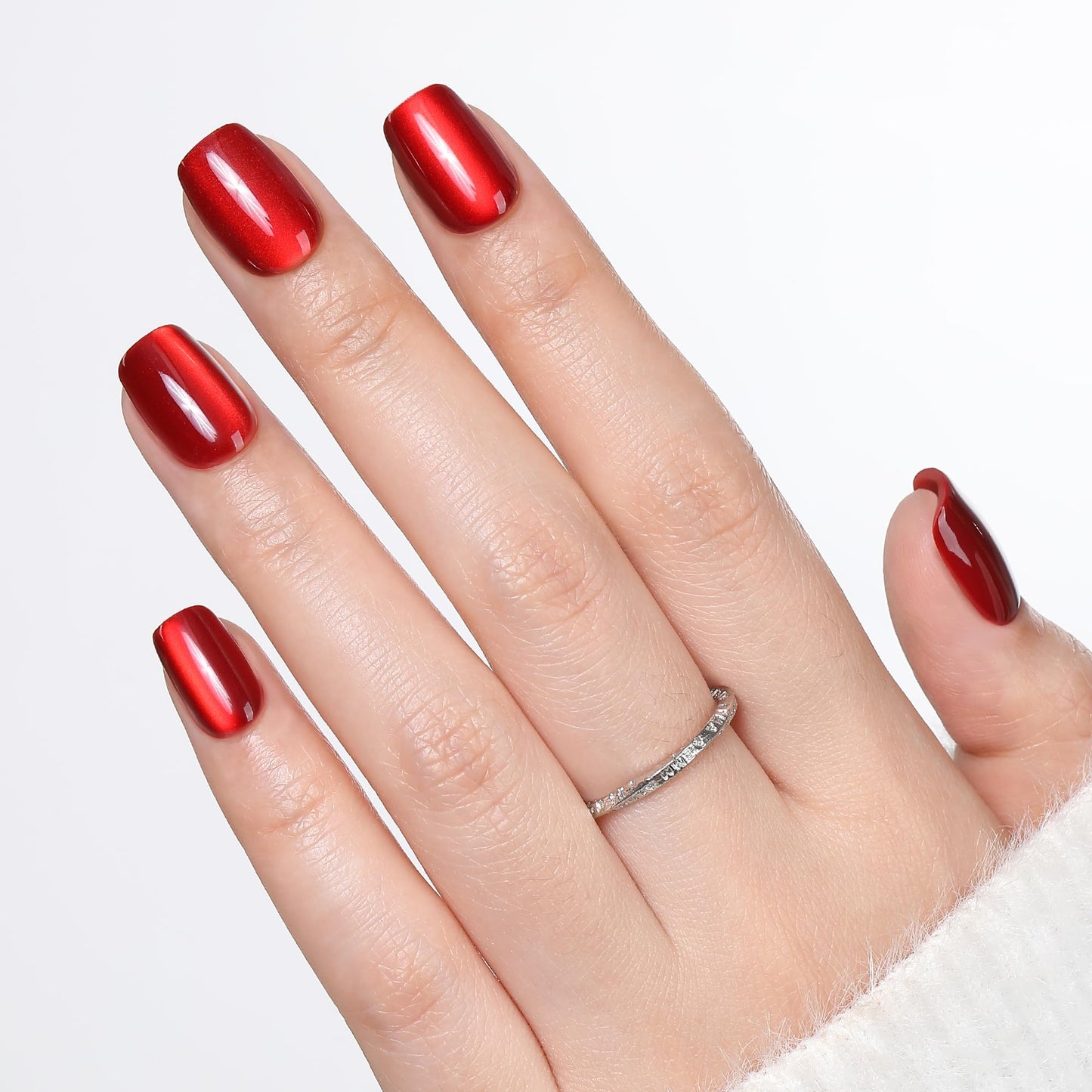 UNA GELLA 32Pcs Soft Gel Press on Nails - 16 Sizes Red Cat Eye Short Square Glue on Nails, Reusable Glitter Velvet Red False Nails, Full Cover Acrylic Nail Kit for Women DIY Home Manicure