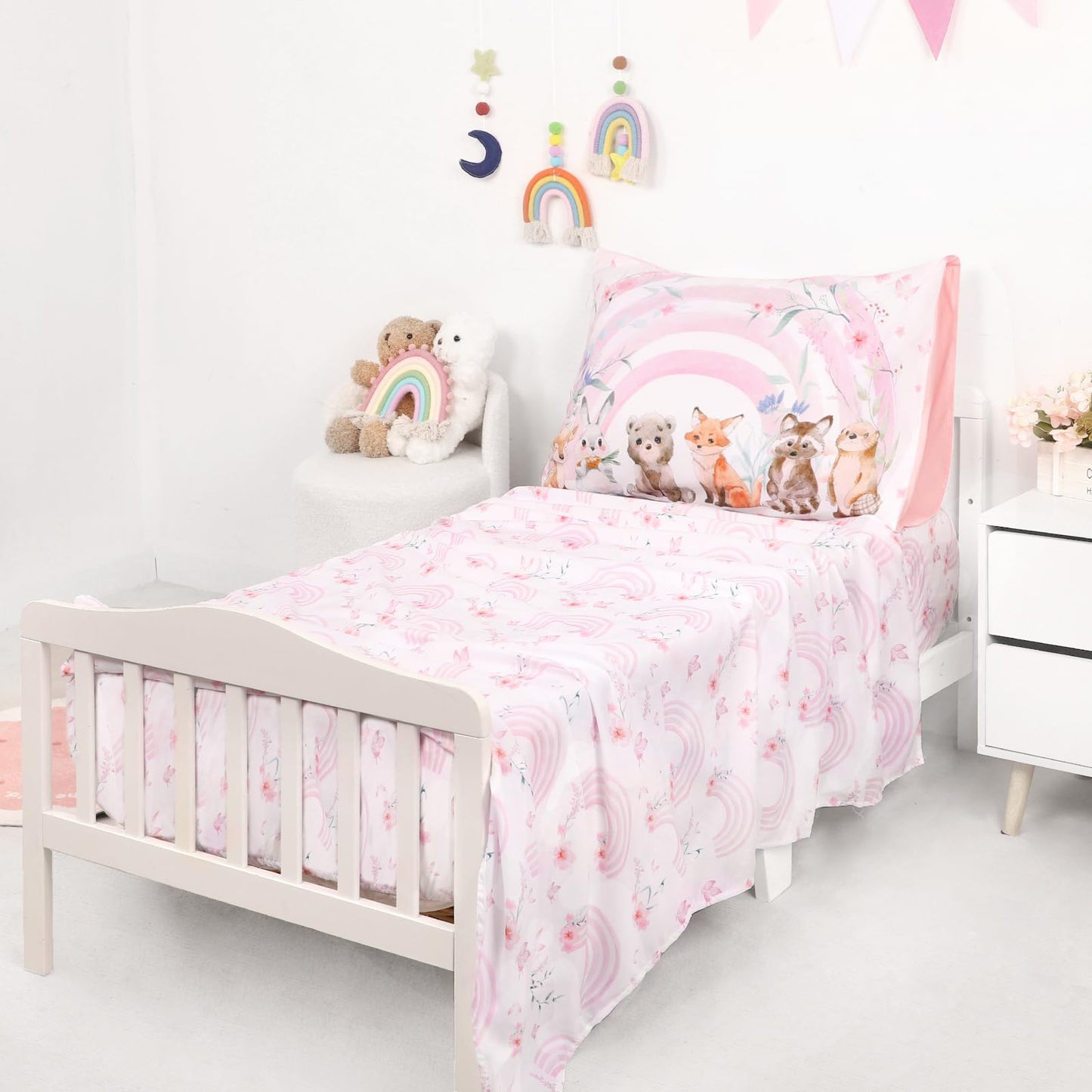 Hooyax Toddler Bedding Set for Girls - 4 Piece Rainbow Toddler Comforter Set Includes Fitted Sheet, Comforter, Pillowcase & Flat Sheet - Soft Comfort Microfiber for All Seasons