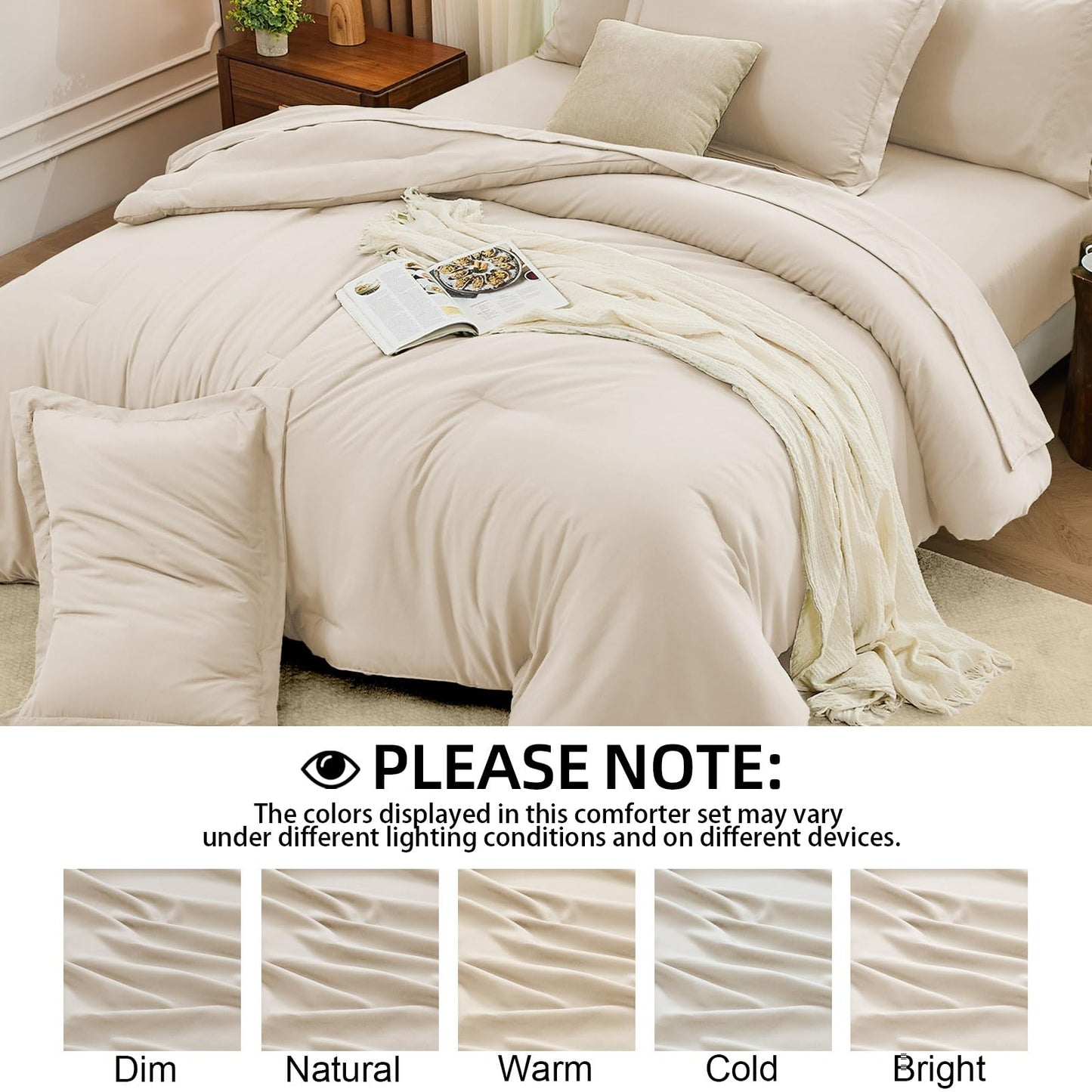 FUANNA King Size Comforter Sets Beige, 7 Pieces Soft Bedding Set, All Season Lightweight Bed in a Bag with Comforter, Flat Sheet, Fitted Sheet, Pillowcases & Shams