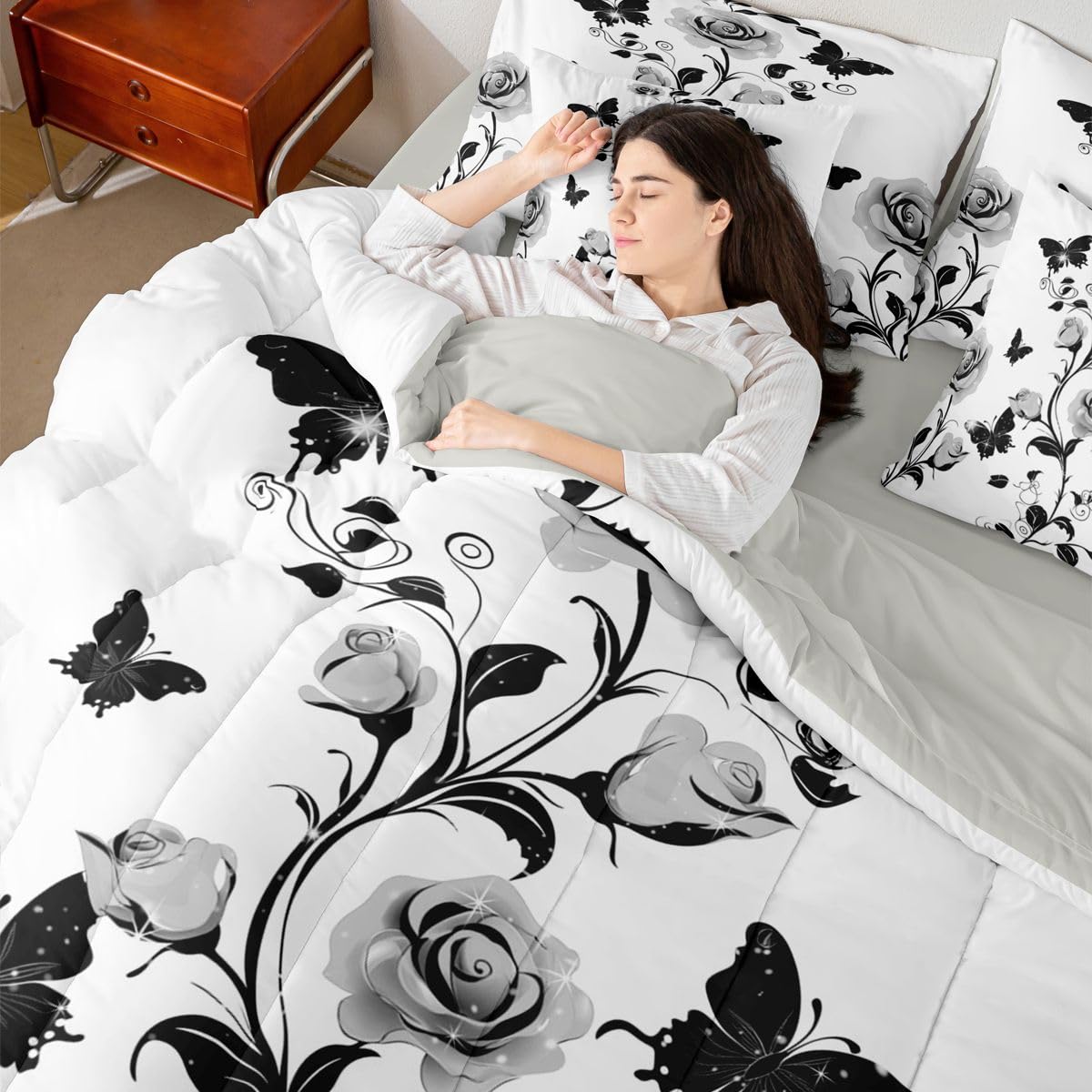 Erosebridal Rose Comforter Sets with Sheets - Romantic Roses Bedding Set Full for Boys Girls Flower Pattern 7Pcs Bed in A Bag Watercolor Silver Grey Bed Set