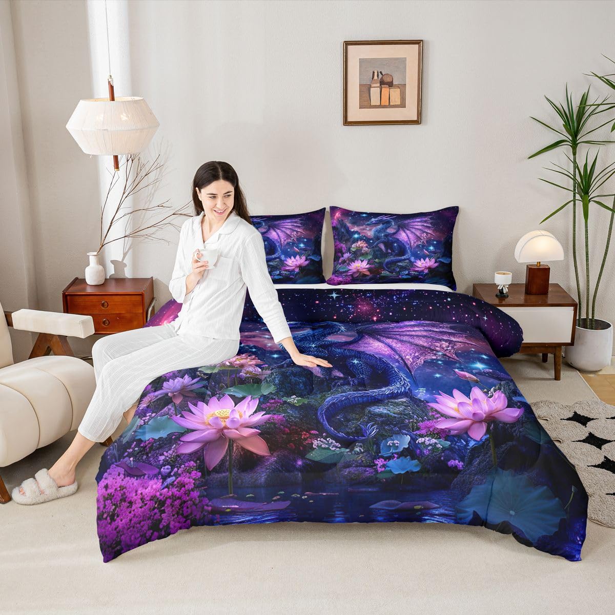 Feelyou Dragon Comforter Set Twin Size Dragon Stuff Bedding Set for Kids Boys Girls Wild Life Duvet Quilt Magic Wildlife Bedroom Decor Dull Purple Microfiber 2 Pcs with 1 Pillow Cases