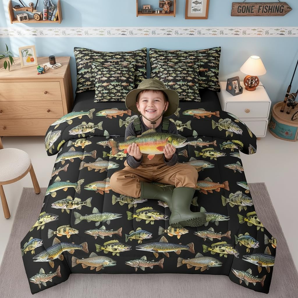 Erosebridal Kids Pike Fish 7 Pieces Comforter Set Full Size, Fishing and Hunting Bedding for Men Adults, Fishing Rustic Comforter Sets with Sheets, Animals Marine Life Bed Set Bed in a Bag