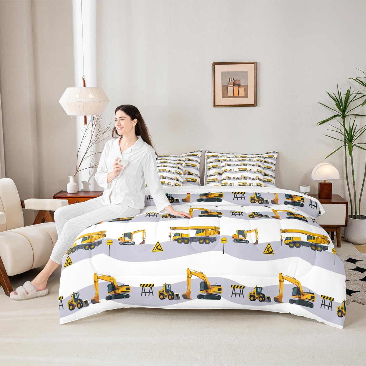 Erosebridal Cartoon Car Comforter Set with Sheets Twin Size Truck Excavator Bed in A Bag 7 Piece Yellow Tractor Bedding Set for Kids Boys Children Bedroom Construction Vehicle Bulldozer Bed Sets