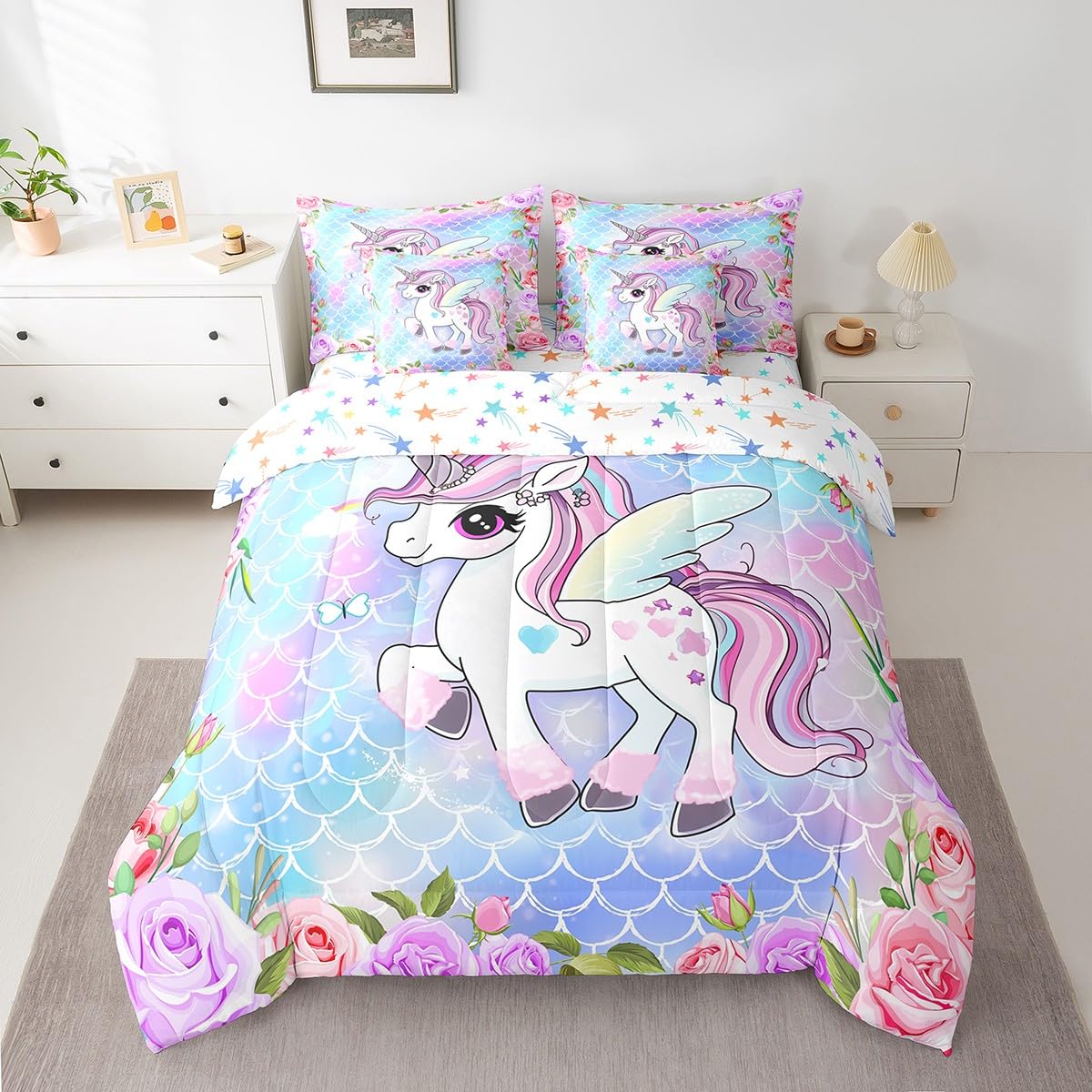 Cute Unicorn 7Pcs Comforter Set Full Size,Mermaid Scales Bedding Sets for Kids Girls Boys,Pink Purple Flower Bed in a Bag Dreamy Animals Fitted Sheet Flat Sheet,2 Throw Pillow 2 Pillowcases