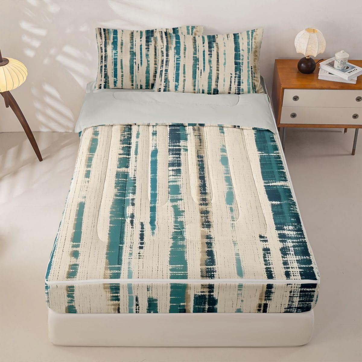 Feelyou Textured Coastal Stripe Zipper Bedding Queen Abstract Teal Ombre Bedding Sets for Kids Boys Girls Modern Comforter Set with Fitted Sheet 2 Pillowcases One Zipper Bed Set for All Seasons