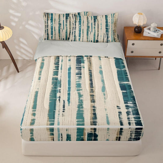 Feelyou Textured Coastal Stripe Zipper Bedding Queen Abstract Teal Ombre Bedding Sets for Kids Boys Girls Modern Comforter Set with Fitted Sheet 2 Pillowcases One Zipper Bed Set for All Seasons