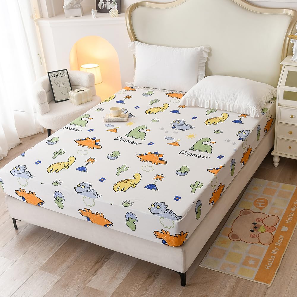 NATURETY Bedding Fitted Sheet with Deep Pocket,Thicken Printed Fabric Bed Sheets (Colorful Dino, Queen)