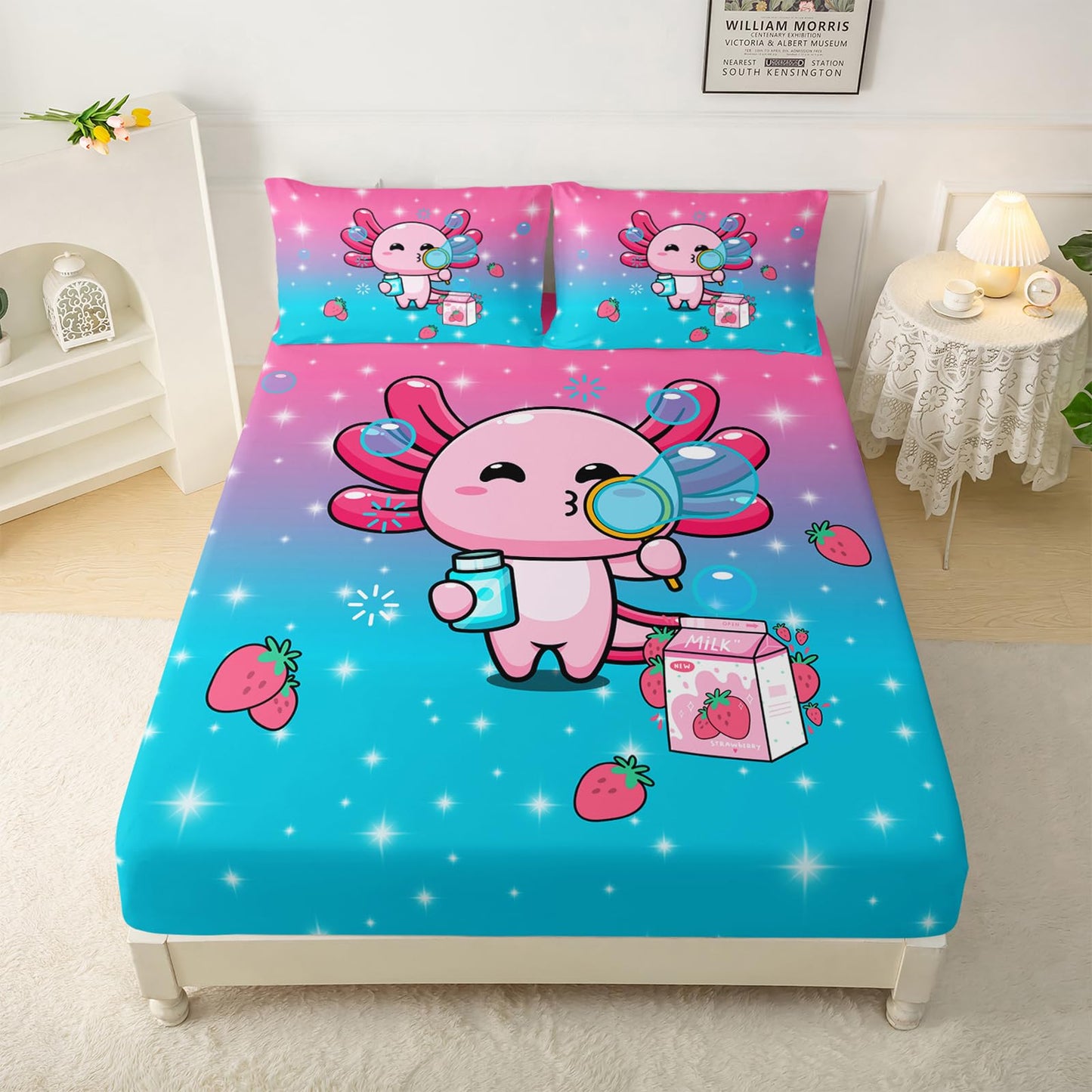 QOOMO Kawaii Axolotl Sheet Set,Pink Salamander Kids Bed Sheets,Strawberry 16" Deep Pocket Bed Sheet Set for Boys/Girls/Kids/Teens，1 Fitted Sheet,1 Flat Sheet and 2 Pillowcases，Twin Size