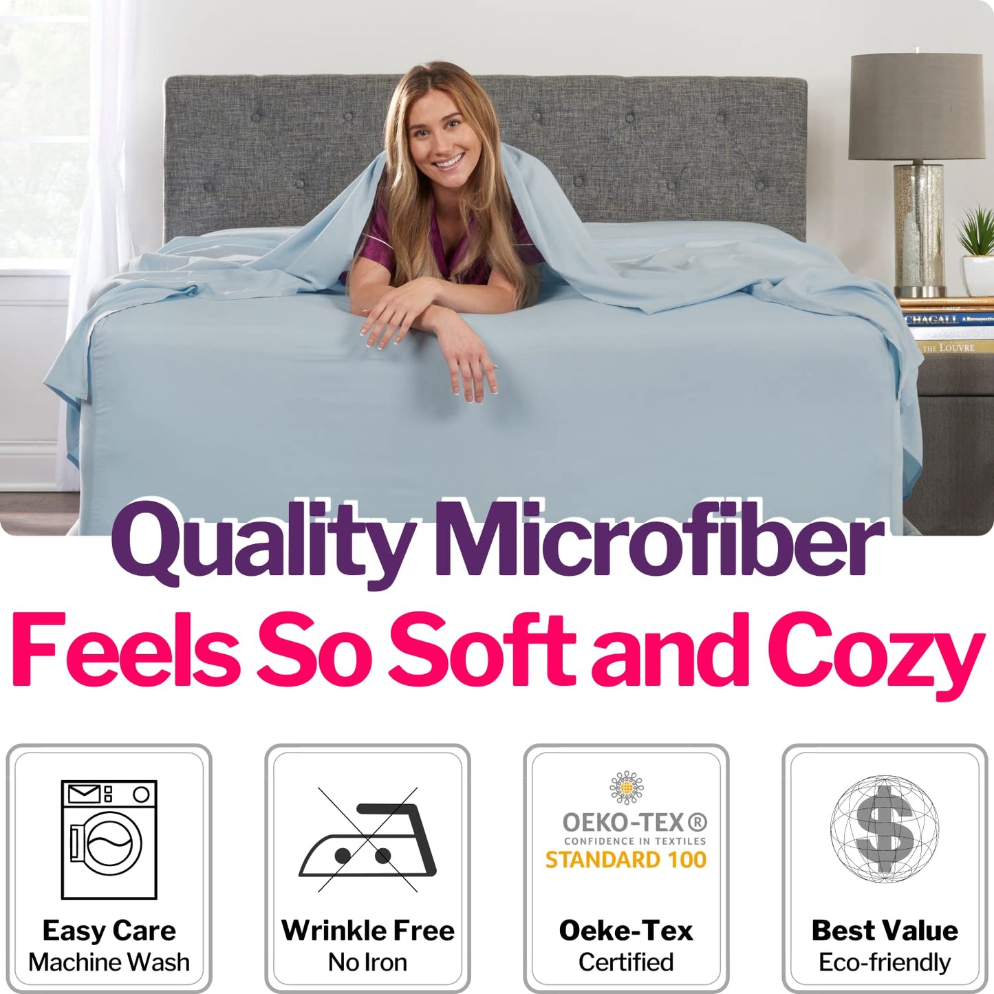 Extra Deep Pocket King Bed-Sheets – 4-Piece Includes: 18”-21” Inch Super Extra Deep Pocket Fitted Sheet – Oversize Flat Sheet – 2 Zipper Closure Pillowcases – Perfectly Fit – King Size – Light Blue