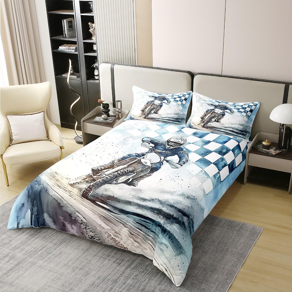 Feelyou Dirt Bike 100% Cotton Duvet Cover Kids Boys Girls Queen Size Motorcycle Racer Bedding Set Teen Ultra Soft Extreme Sports Comforter Cover Racing Motocross Rider Bedspread Cover (No Comforter)