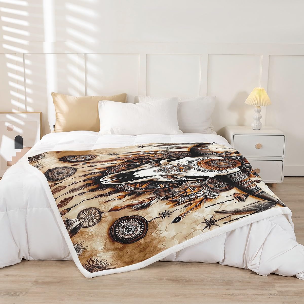 Longhorn Skull Fleece Blanket Gothic Sherpa Blanket 90"x90", Ethnic Tribal Southwestern Western Exotic Native American Fuzzy Plush Throw