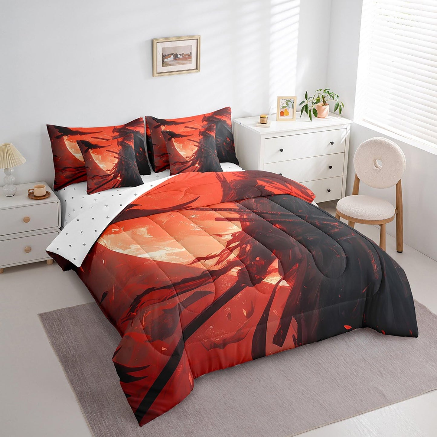 7 Pieces Twin Size Japan Samurai Comforter Set,Japanese Ukiyo-e Soldier Sword Bedding Set for Boys Men,Moon Crow Bird Animal Rustic (Comforter+Fitted+Flat Sheet+2 Pillowcases+2 Throw Pillow Covers)