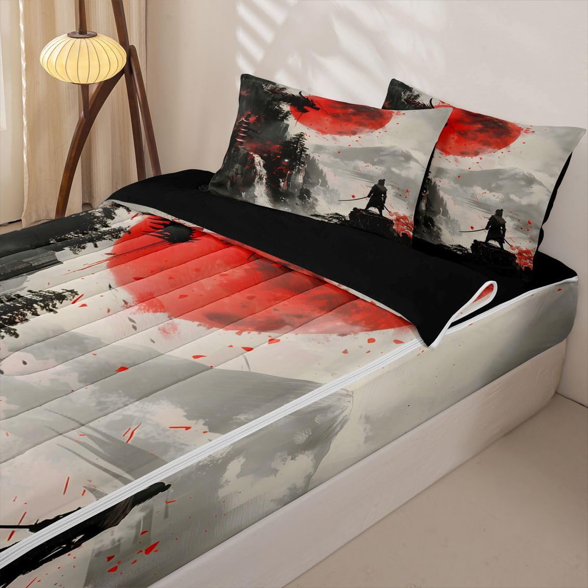 Erosebridal Japanese Samurai Zipper Bedding Black Dragon Twin Bed in a Bag Set for Boys Girls Teen Red Sun Mountain Kids Comforter Set with Fitted Sheet Retro Ink Painting Style Zip Up Bedding