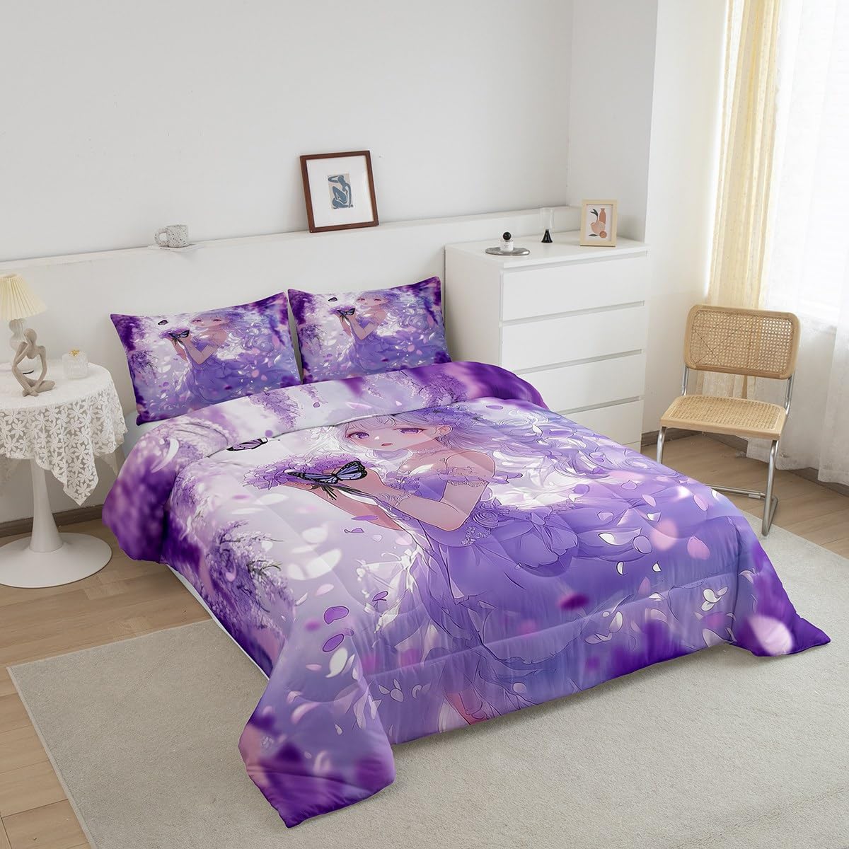 Erosebridal Cute Kawaii Anime Girl Full Bedding Set Japanese Style Anime Kids Down Comforter Cartoon Print Comforter Set Purple Romantic Flower Butterfly Bed Set 2 Pillow Cases