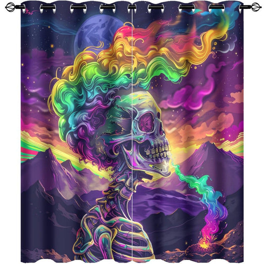 HDESDIS Gothic Skeleton Bone Blackout Curtains for Bedroom, Mystical Space Star Skull Fantasy Grommet Curtains Thermal Insulated Window Drapes for Living Room, 21W x 45L, 2 Panels