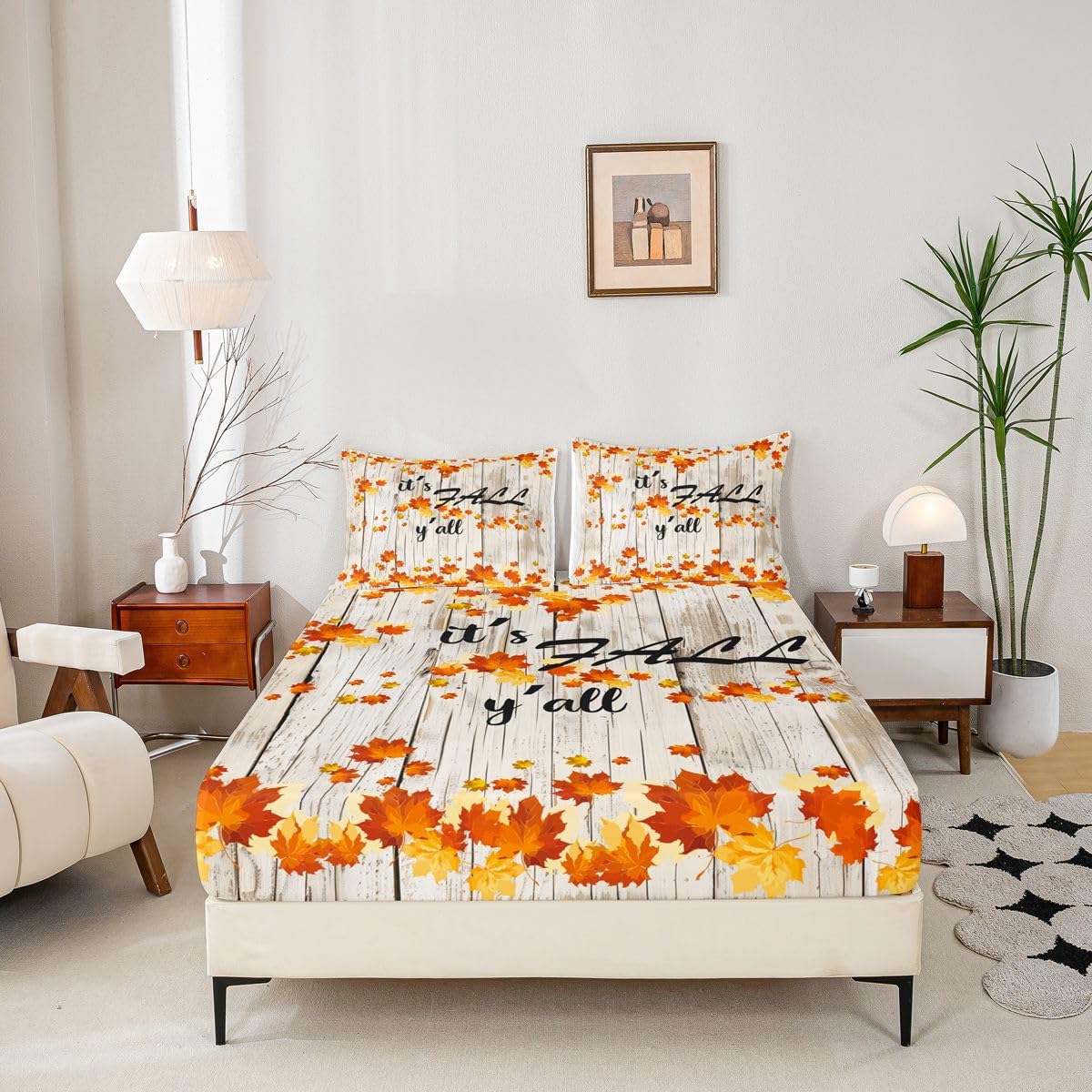 Fall Maple Leaves Sheet Set Queen Autumn Nature Botanical Bed Sheets Rustic Farmhouse Fall Bedding Set For Kids Adults Soft Breathable Fitted Sheet Orange Gold Beige Flat Sheet 2 Pillow Cases