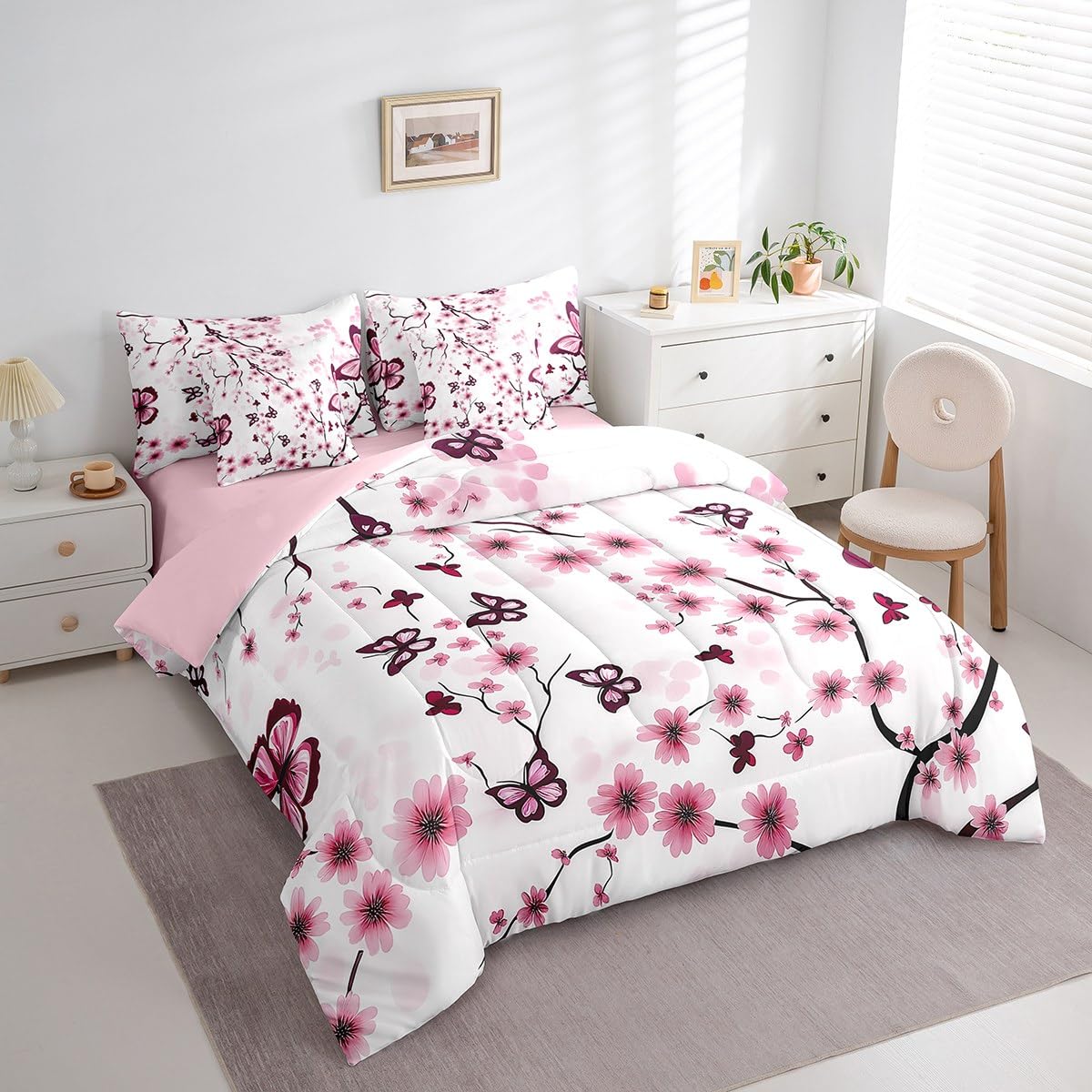 Erosebridal Cherry Blossom 7 Piece Comforter Set Queen Bed in a Bag,Spring Elegant Flowers Butterfly Bedding Set for Girls Women,Girly Japanese Style Quilt Duvet,Botanical Floral Bed Set,Pink Purple