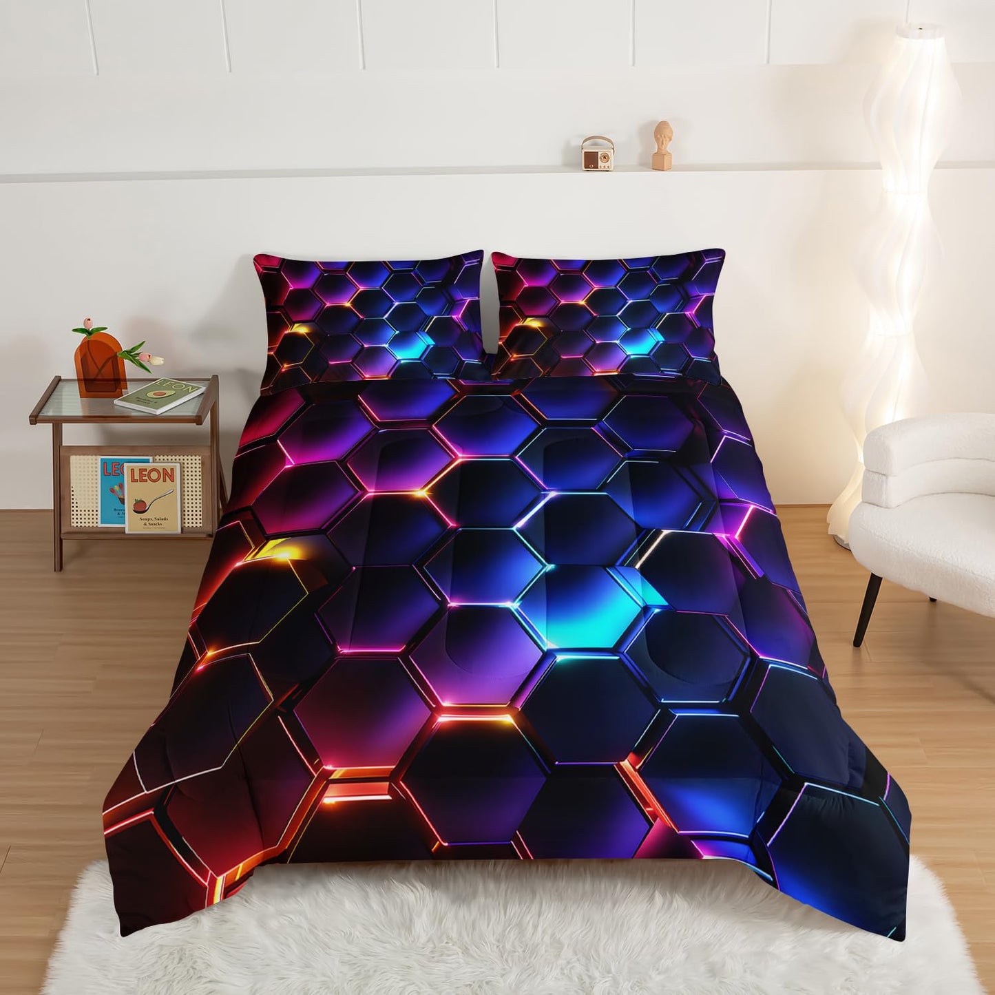 HOSIMA 3D Honeycomb Comforter Set - Queen Size, Geometric Hexagon Pattern Bedding Set for Kids Teens Boys Room Decor, Purple Blue Neon Lights Comforter Set with 2 Pillowcases