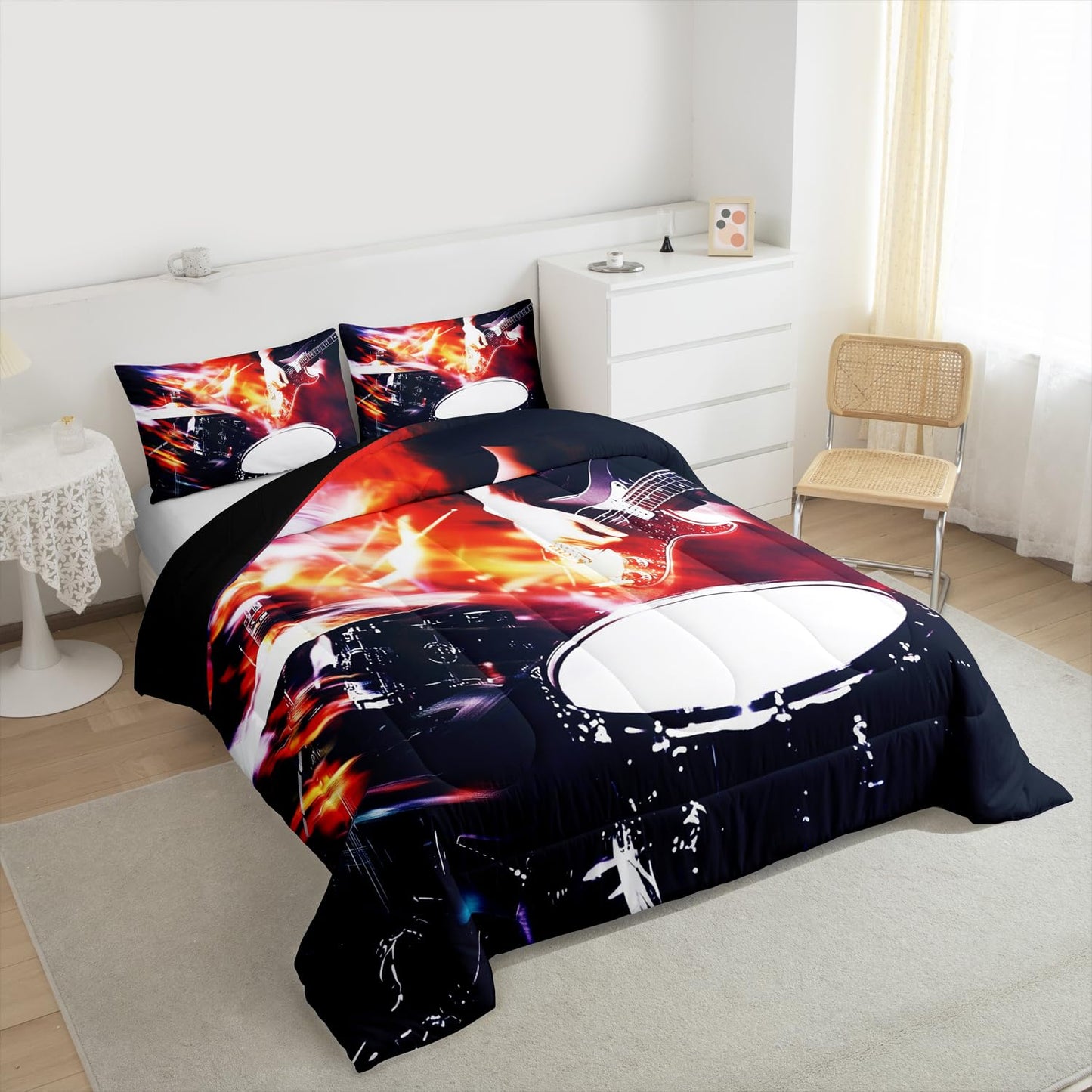 Erosebridal Guitar Drum Kit Comforter Set Queen Rock Musical Instruments Bedding Set Music Theme Comforter for Kids Boys Girls,Rock Music Lovers Quilt Duvet