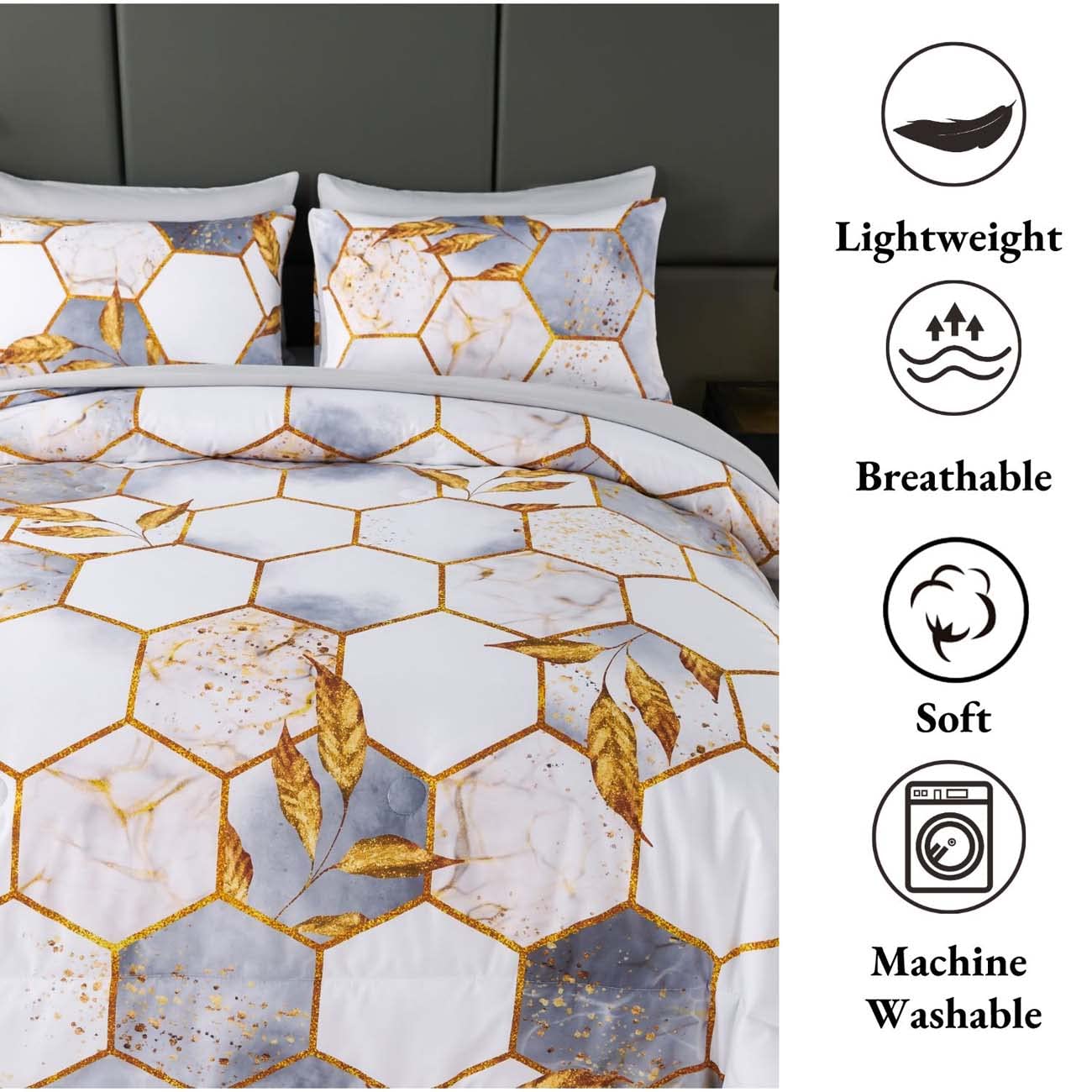 ANGIYUIN 7 Pieces White Gold Comforter Set Full Geometric Foil Print Bed Set Marble Hexagon Bedding Sets Ultra Soft Honeycomb Bed in A Bag for All Season (White Full)