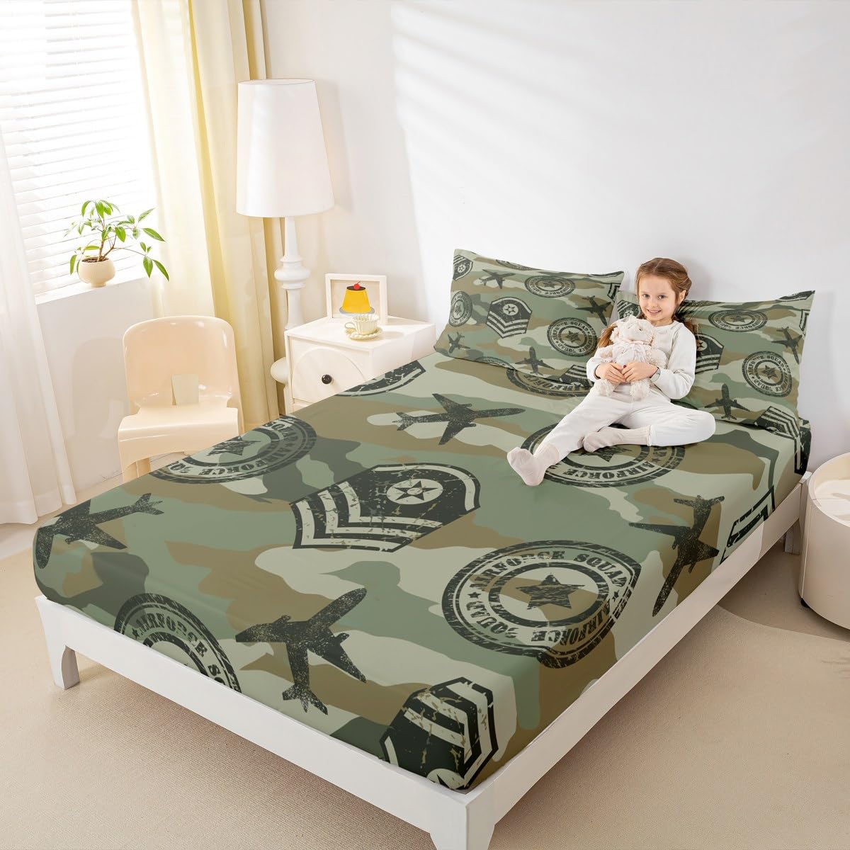 Kids Camo Airplane Bed Sheet Set Camouflage Airplane Decor Bedding Sheets for Teens Boys Military Aircraft Bedding Fitted Sheet Novelty Modern Army Green Bed Cover Bedroom Collection 3Pcs Full Size